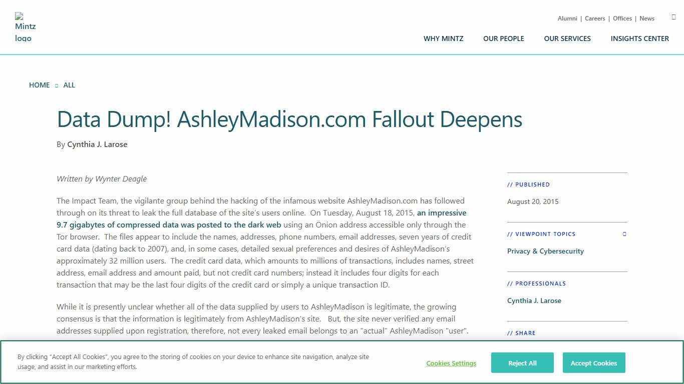 Data Dump! AshleyMadison.com Fallout Deepens | Mintz
